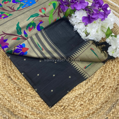 Semi Raw Silk - Paithani Design Weaving - Black Shade - VVRS005