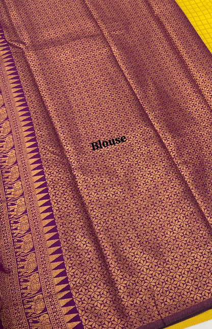 Semi Silk Saree - Kanchi Silk Style - Elephant Border - Yellow with Purple - VVSSS005