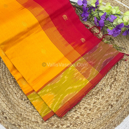 Semi Silk Cotton Saree - Yellow & Red - VVSSC001