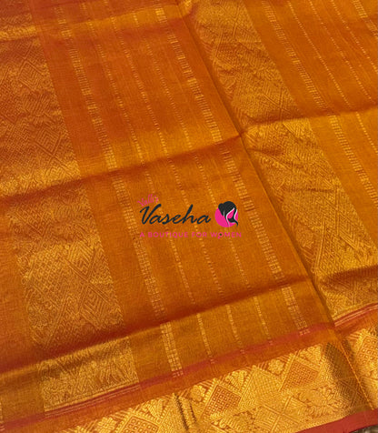 Pure Korvai Silk Cotton - Checks Pattern - Dual Tone Green with Orange Shade  - VVKSC035