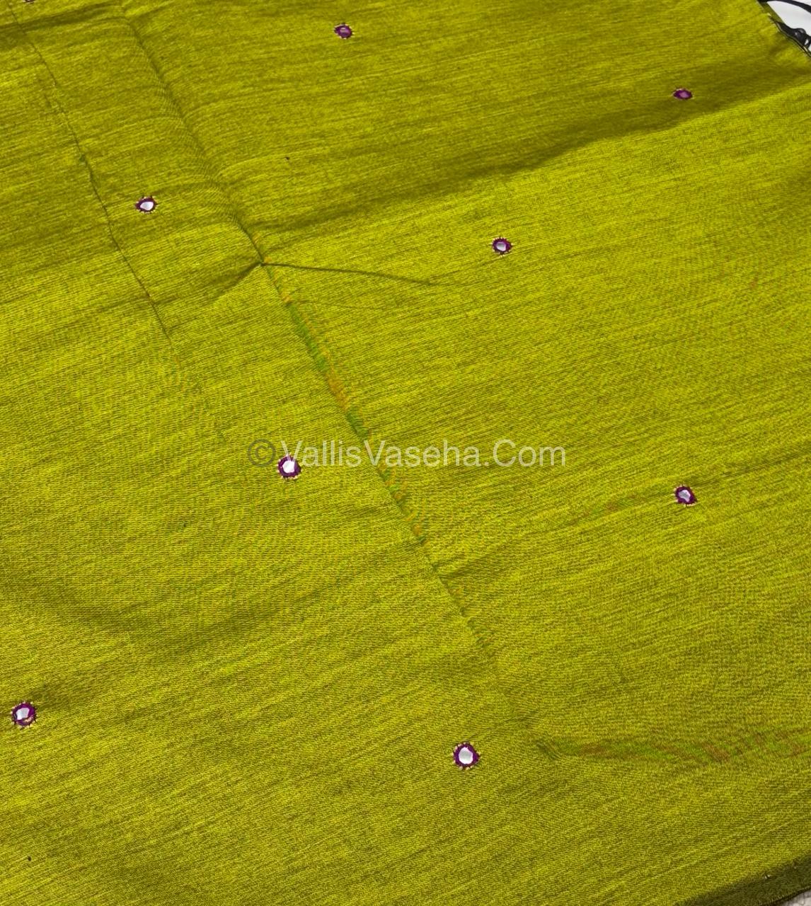 Poly Silk Mixed Cotton - Mirror Work Embroidery - Green with Pink - VVPCM001