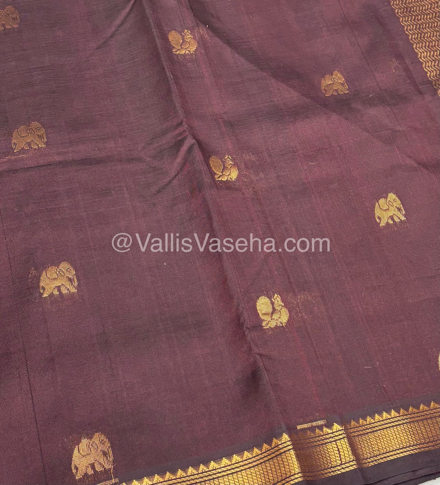 Pure Silk Cotton Saree -  Mayil & Elephant Design - Brown - VVMES001