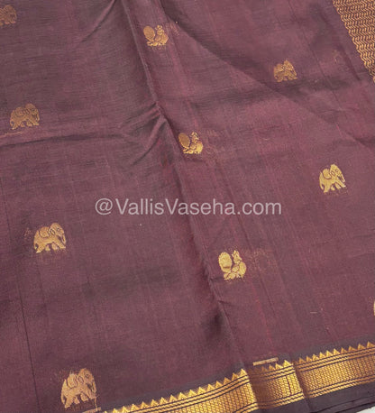 Pure Silk Cotton Saree -  Mayil & Elephant Design - Brown - VVMES001