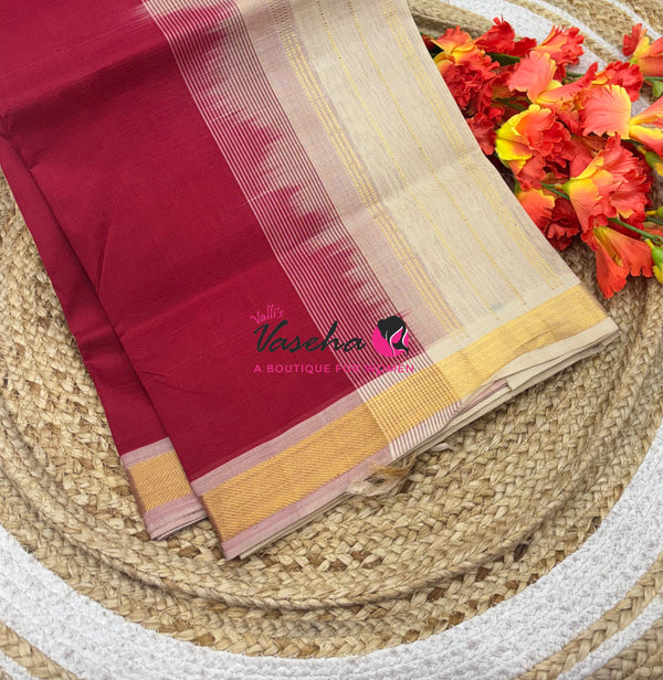 Pure Silk Cotton Sarees - Red With Cream - VVPSC003