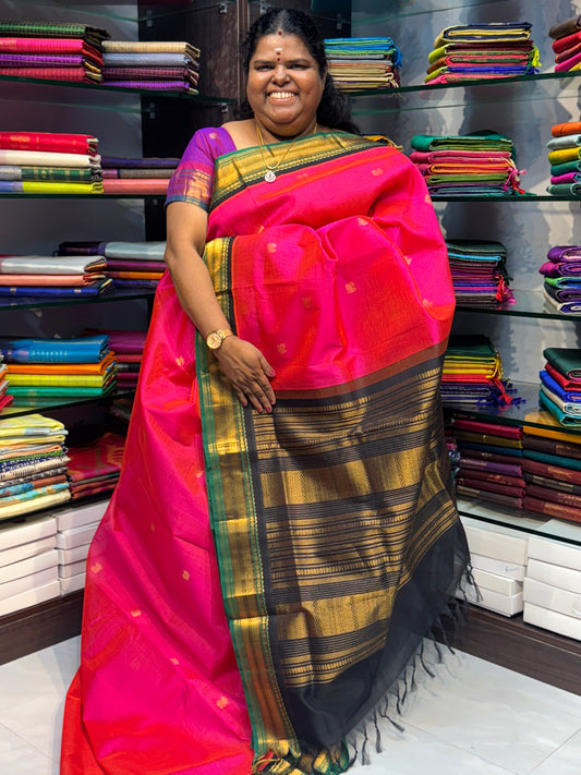 Pure Korvai Silk Cotton Saree -  Peachish Pink with Black & Green Combo - VVKSC004