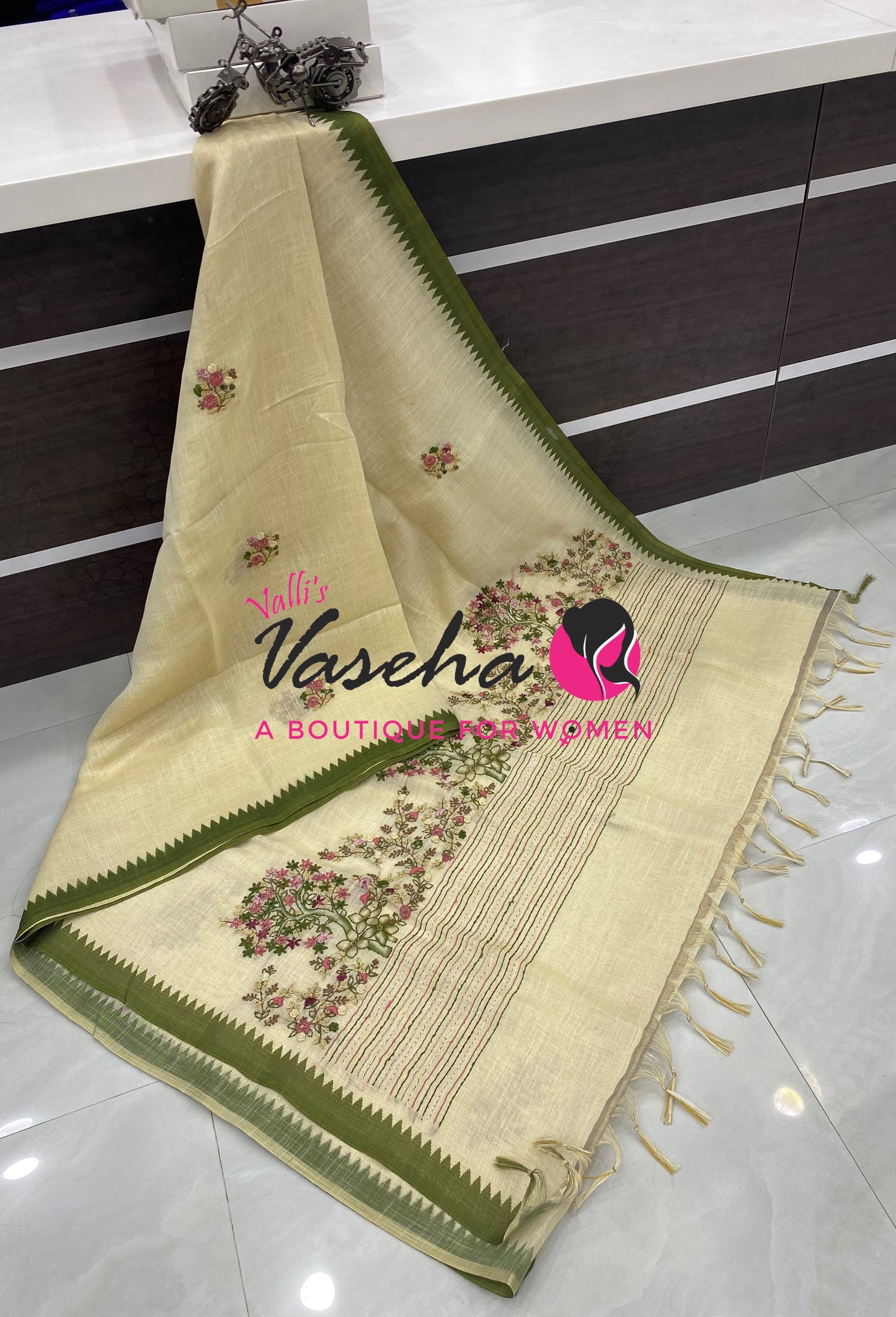 French Knot - Tissue Saree - Cream With Green Shade - VVLFN022