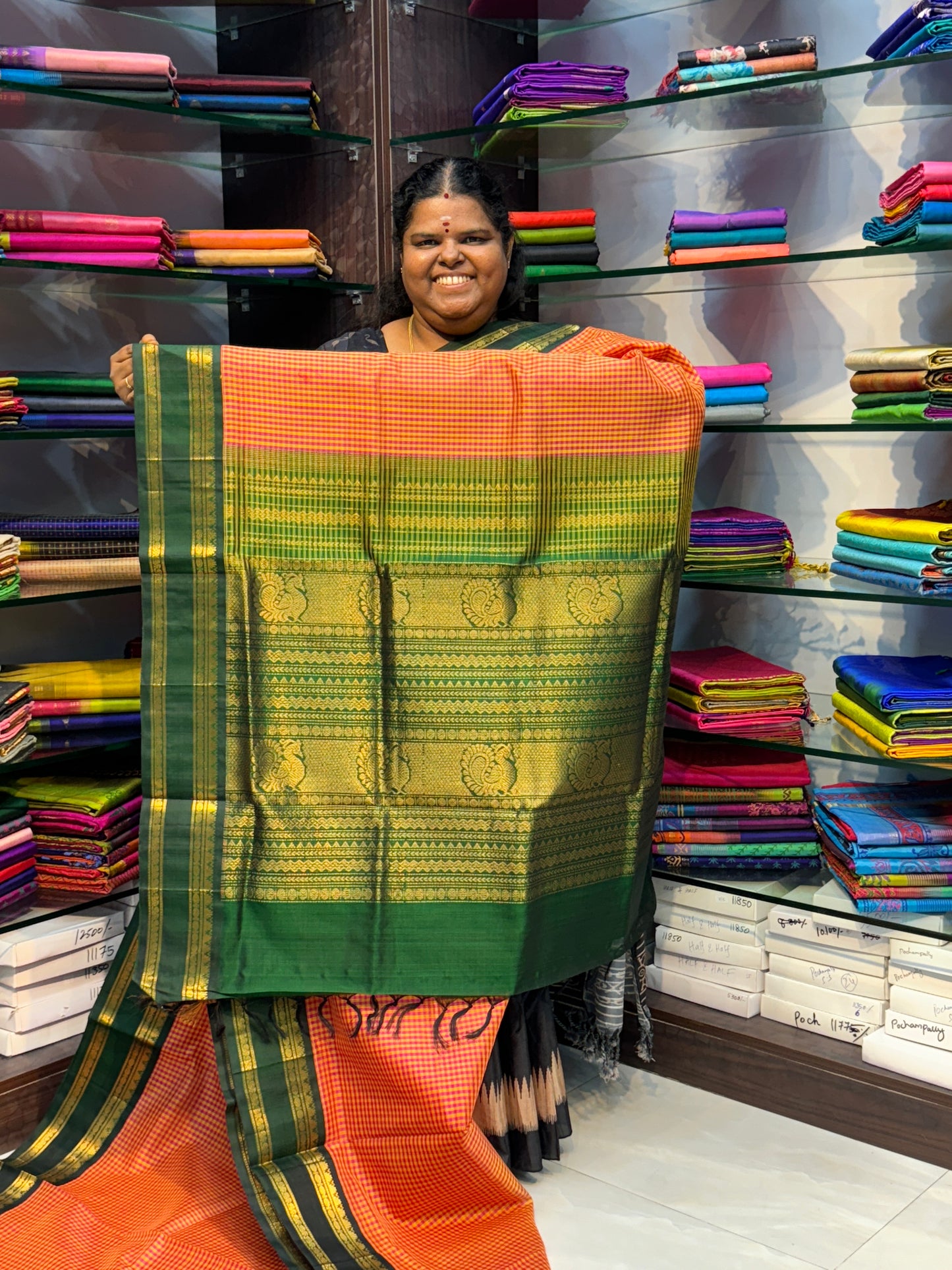 Pre Booking [5-7 weeks] |Pure Korvai Silk Cotton - Podi Kattam - Yellow & Pink with Green Retta Petta Border - VVKSC003