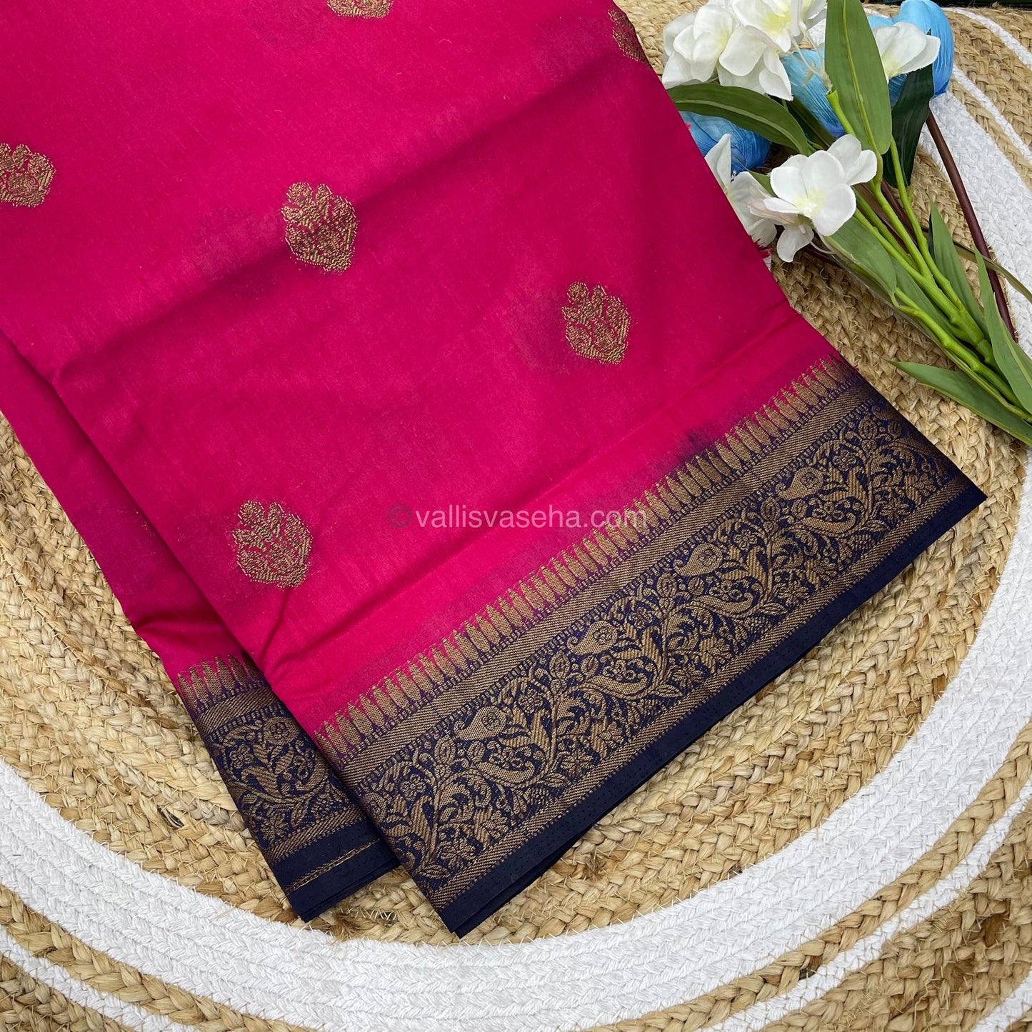 Bamboo Silk Saree - Rani Pink with Navy Blue Shade - VVBSS001