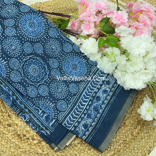 Linen Mixed Cotton Saree - Indigo Blue - Printed - VVLMP001