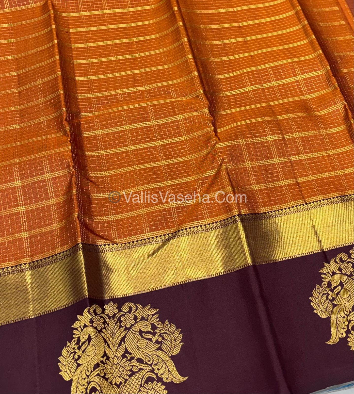 Pure Vintage Korvai Kanchipuram Silk Saree - Rust Orange & Wine Brown Combo - VVPS006