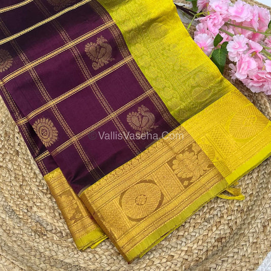 Pure Silk Cotton Saree - Mayil & Chakkaram Design - Meroon With Yellow Combo -VVMC003