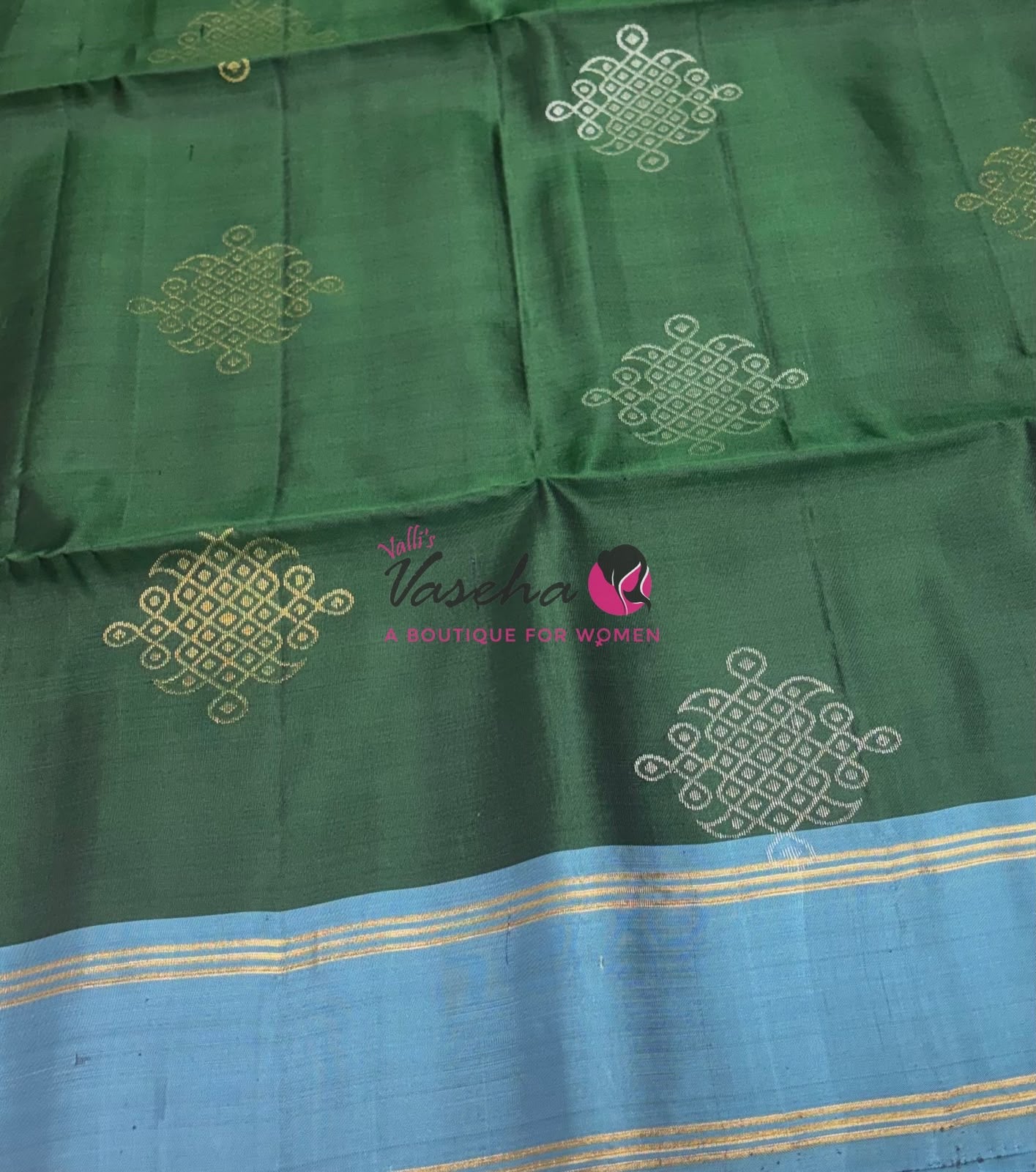 Pure Soft Silk Saree - (1.75 Warp) Kolam Design - Shade Of Green & Blue Shade - VVPSS074