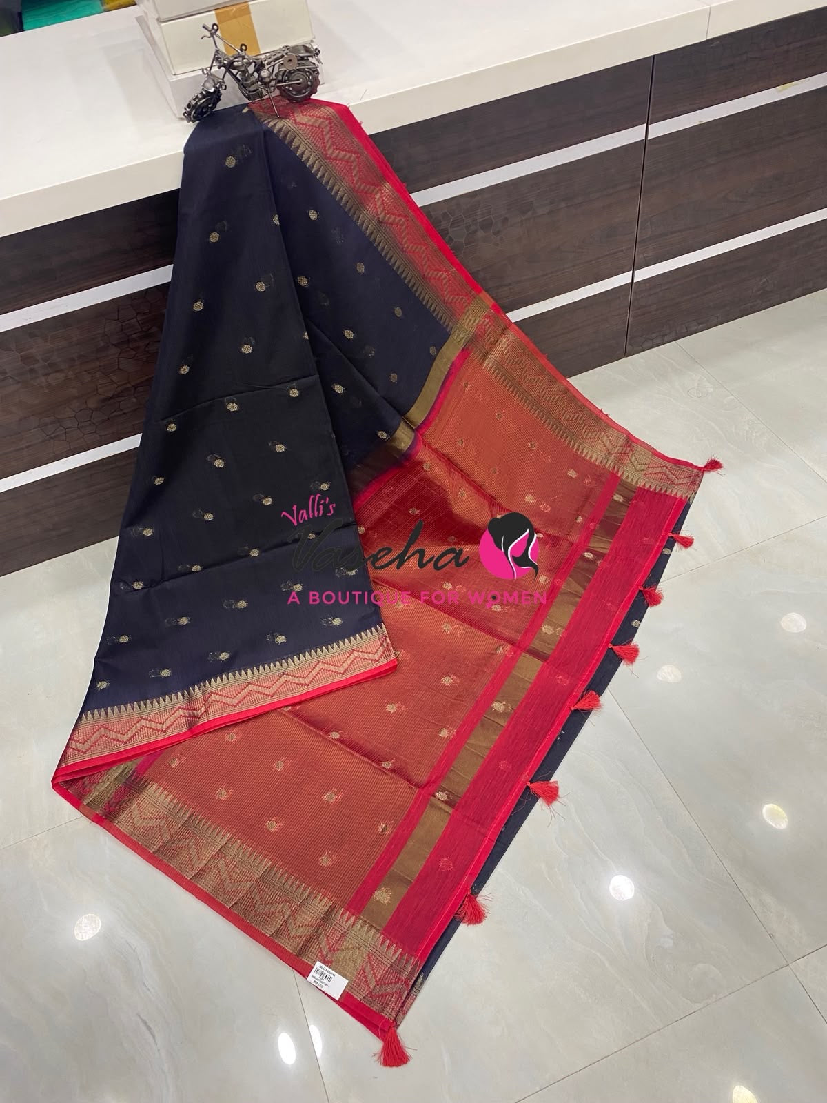 Semi Jute Silk Saree - Black With Red Shade- VVSJS002