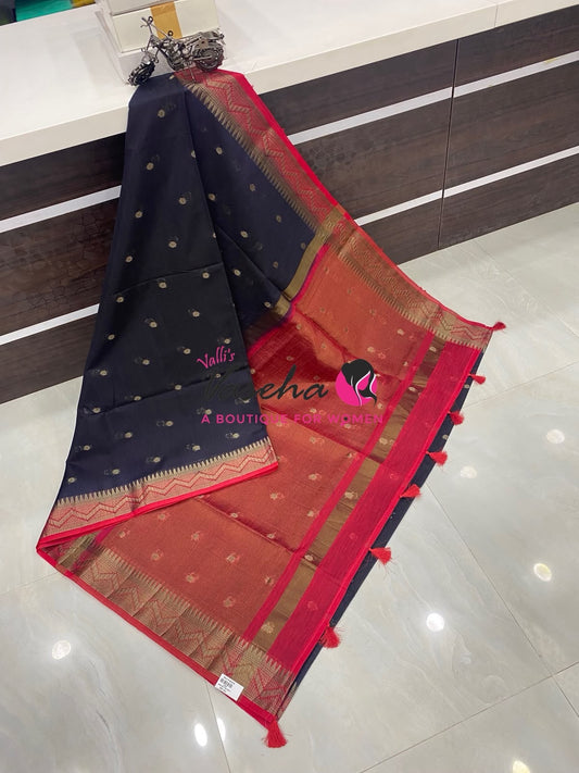 Semi Jute Silk Saree - Black With Red Shade- VVSJS002