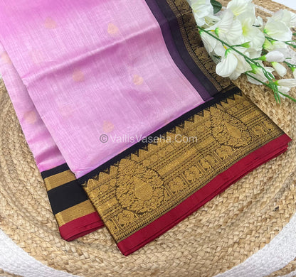 Pure Korvai Silk Cotton Saree - Pink with Black - VVKSC019