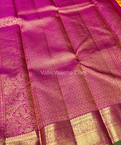 Pure Kanchipuram Silk Saree - Mango Orangish Yellow & Pink  Combo - VVPS011
