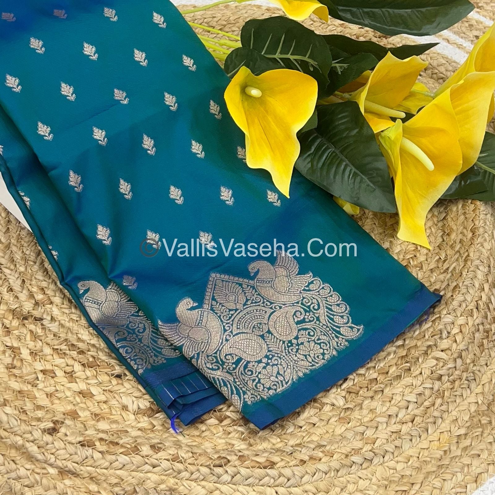 Semi Soft Silk - Peacock & Mango Butta Border - Peacock blue Shade -VV ...