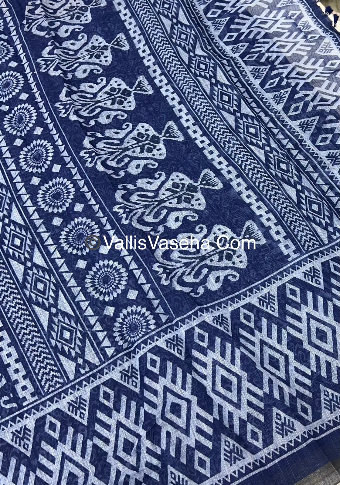 Linen Mixed Cotton Saree - Indigo Blue - Printed - VVLMP001