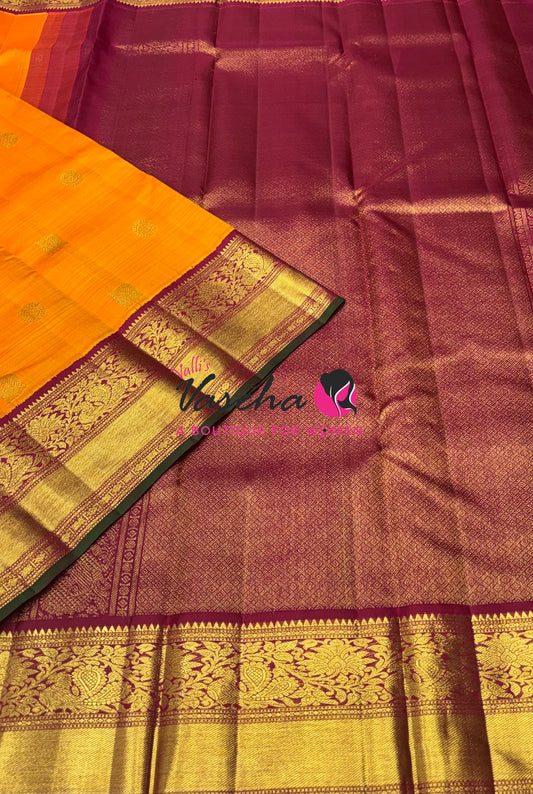 Pure Vintage Korvai Kanchipuram Silk Saree - Mango Yellow With Maroon - VVPS062