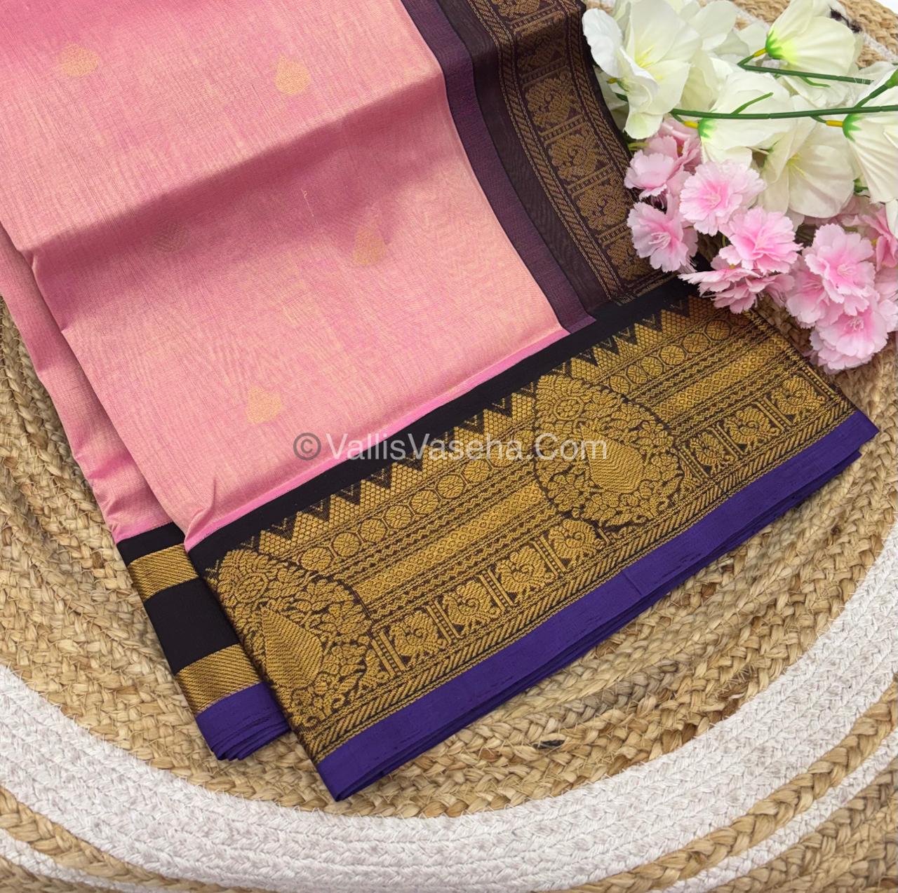 Pure Korvai Silk Cotton Saree - Pink with Brown - VVKSC019