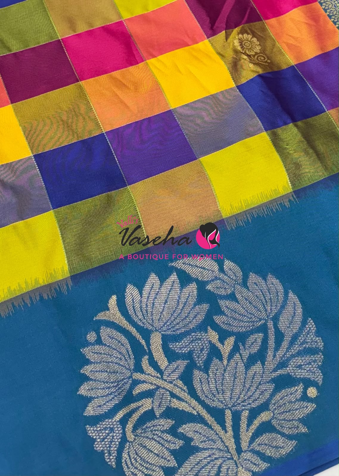 Semi Soft Silk  - Madras Checks Pattern - Peacock Blue Shade  - VVSSS042