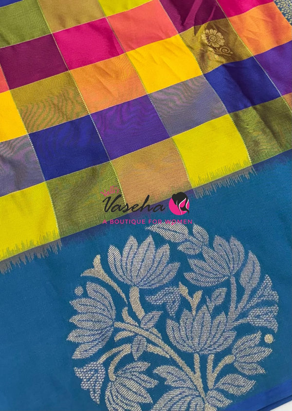 Semi Soft Silk  - Madras Checks Pattern - Peacock Blue Shade  - VVSSS042