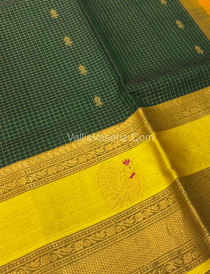 Pure Korvai Silk Cotton - Checks Pattern - Green With Yellow Shade  - VVKSC034