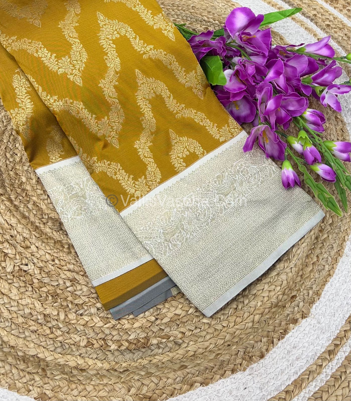 Semi Kanchi Silk - Mustard Yellow & Cream Shade  - VVSKS004