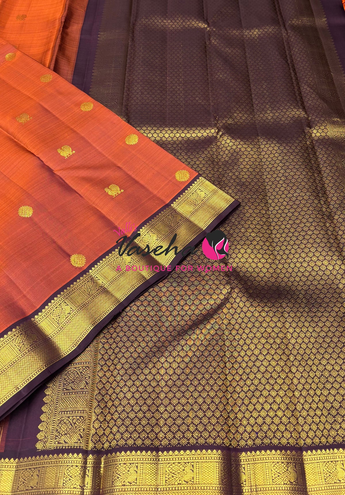 Pure Kanchipuram Silk Saree - Rust Orange & Wine Brown Combo - VVPS025