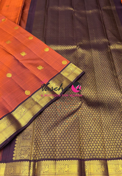 Pure Kanchipuram Silk Saree - Rust Orange & Wine Brown Combo - VVPS025