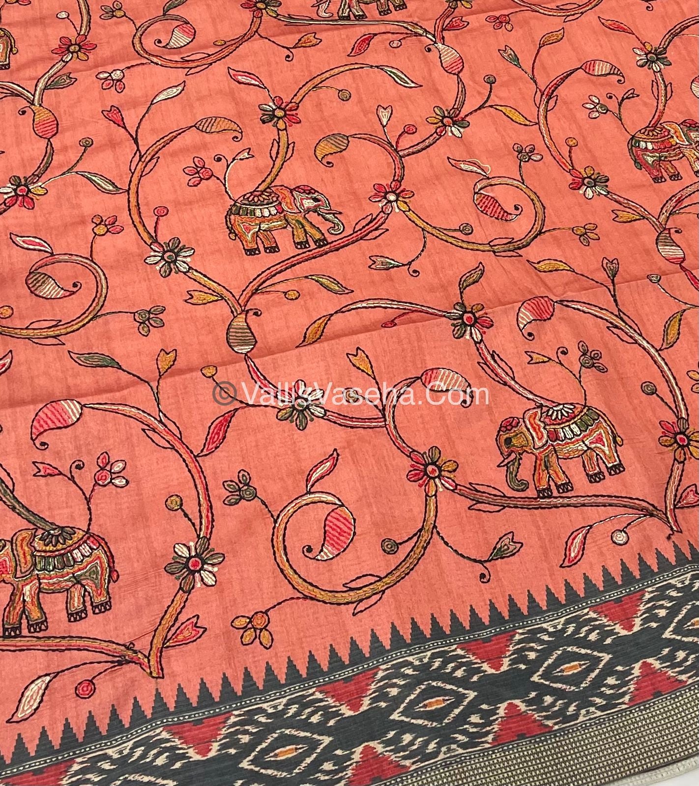 Semi Tussar - Kantha Work Embroidery - Orangish Peach Shade - VVSTK001