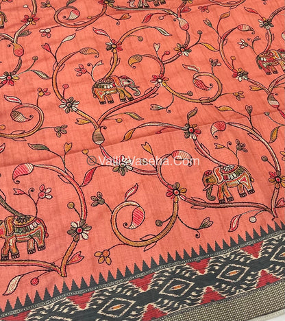 Semi Tussar - Kantha Work Embroidery - Orangish Peach Shade - VVSTK001