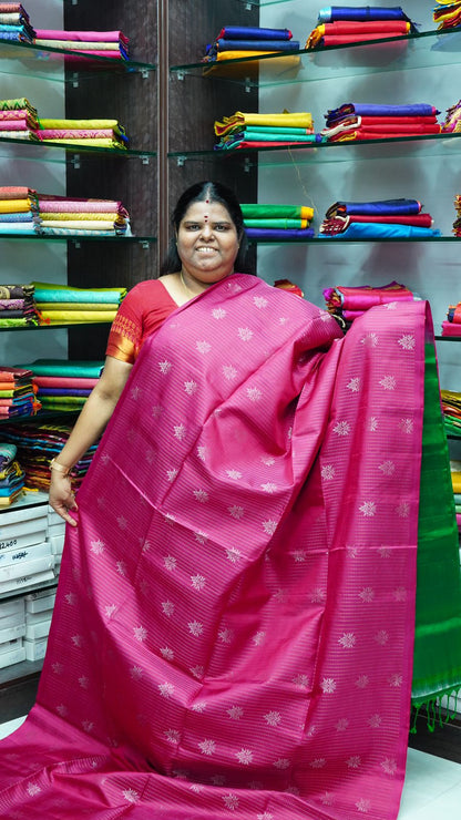 Pure Soft Silk Saree - Vaira Voosi design - Dark Pink With Green Combo - VVPSS016