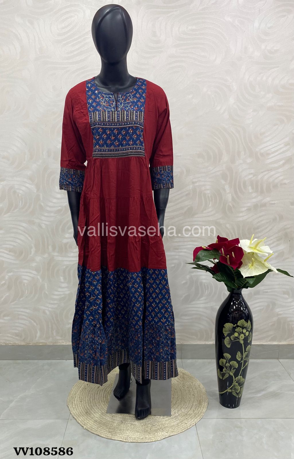 Ready Made - Long Floor Length Kurti - Ajrakh Design - VVLG002