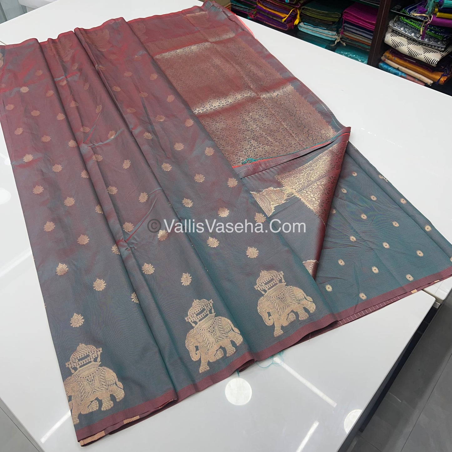 Semi Soft Silk - Elephant Butta Border - Greenish Grey Shade -VVSSS011