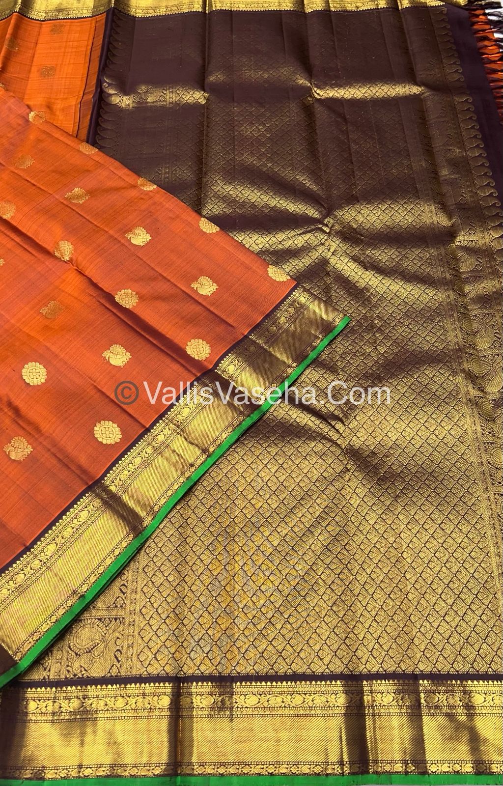 Pure Kanchipuram Silk Saree - Rust Orange & Wine Brown Combo - VVPS014
