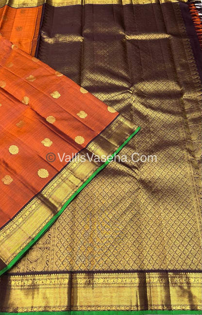 Pure Kanchipuram Silk Saree - Rust Orange & Wine Brown Combo - VVPS014