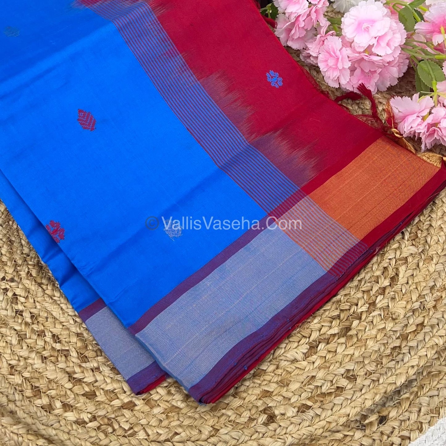 Semi Silk Cotton Saree - Blue & Red Combo - VVSSC001