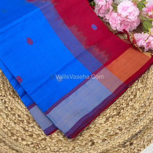 Semi Silk Cotton Saree - Blue & Red Combo - VVSSC001