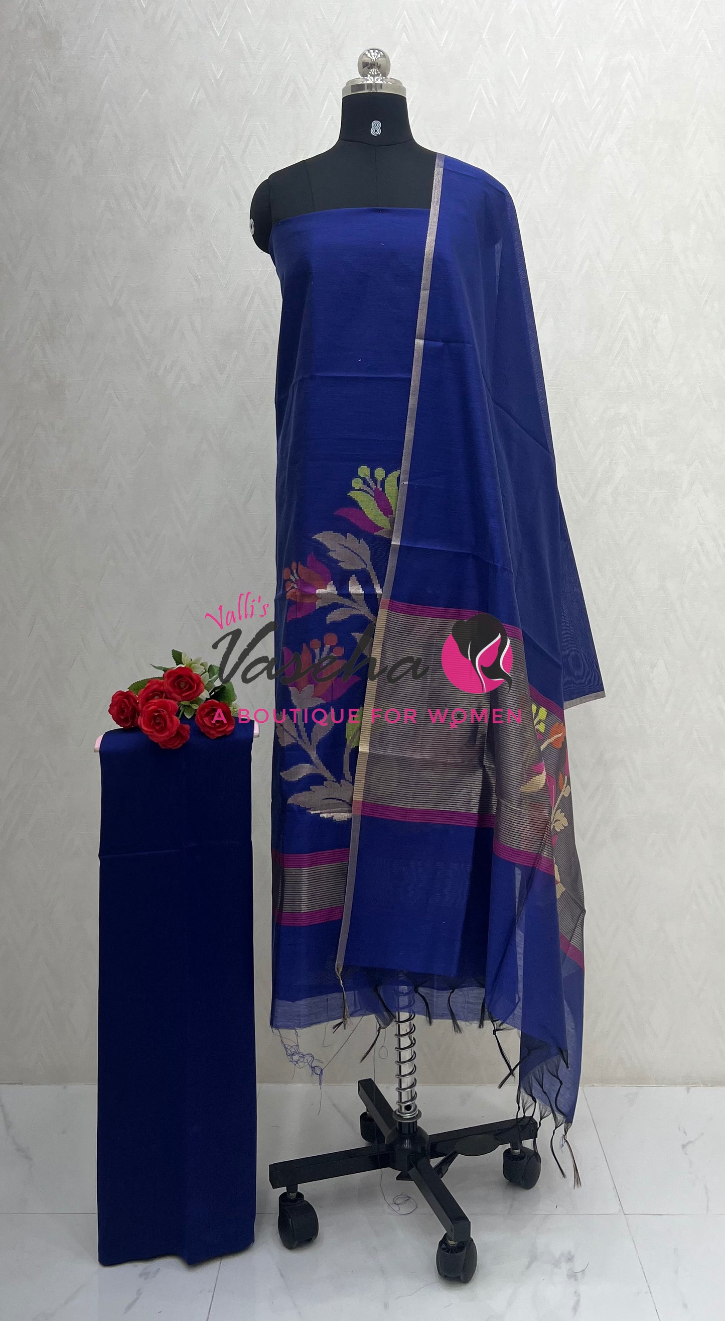 Unstitched Salwar Material - Fancy Cotton - Blue Shade  - VVUSM024