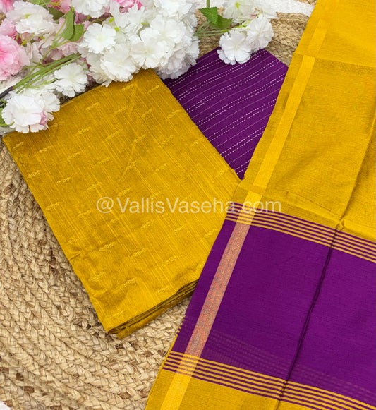 Unstitched Salwar Material -Raw Silk - Yellow with Purple Shade - VVUSM004