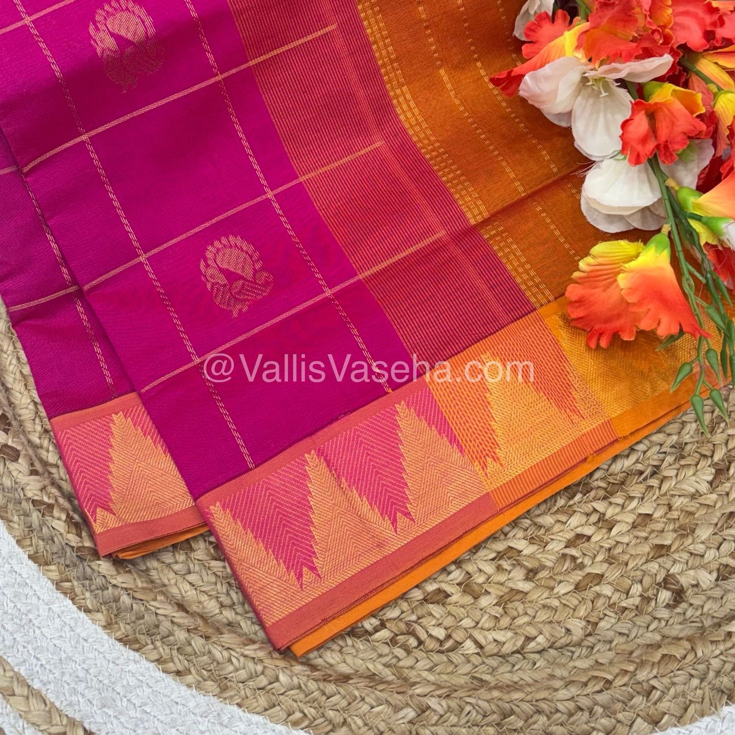 Semi Silk Cotton Saree - Pink with Orangish Yellow Shade - VVSSC002