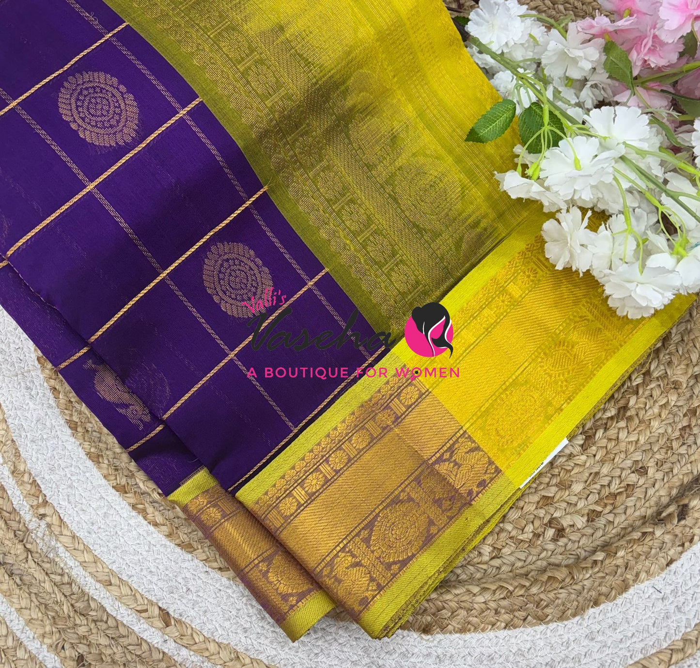 Pure Silk Cotton Saree - Mayil & Chakkaram Design - Purple With Yellow Shade - VVMC001