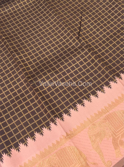 Semi Silk Saree - Kanchi Silk Style - Elephant Border - Brown with Peach - VVSSS005