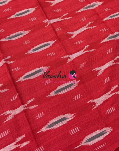 Double Ikkat Pure Cotton Saree -  Blue With Red  - VVIKS002