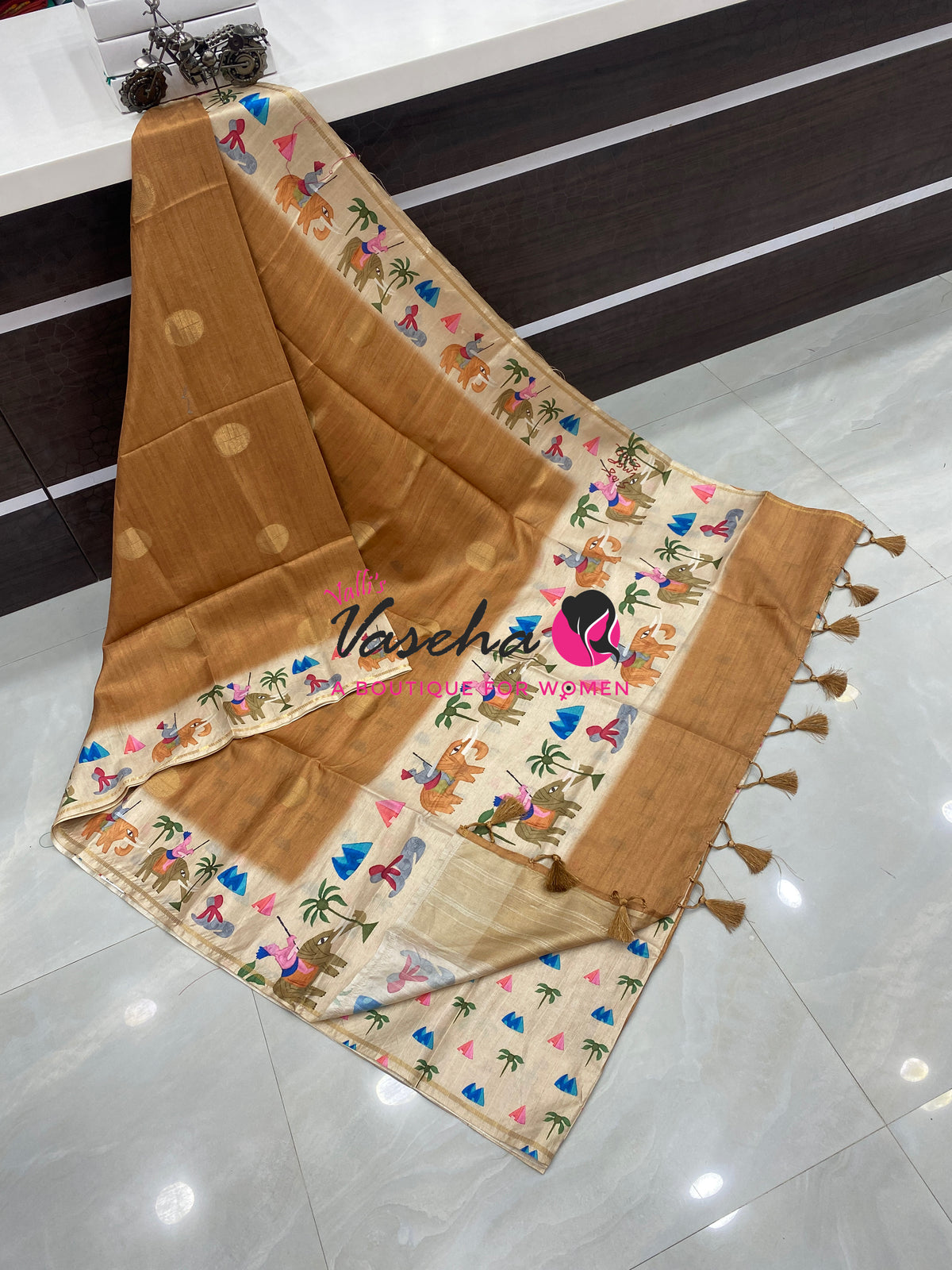 Semi Matka Tussar Saree - Pichwai Design - VVSMT003