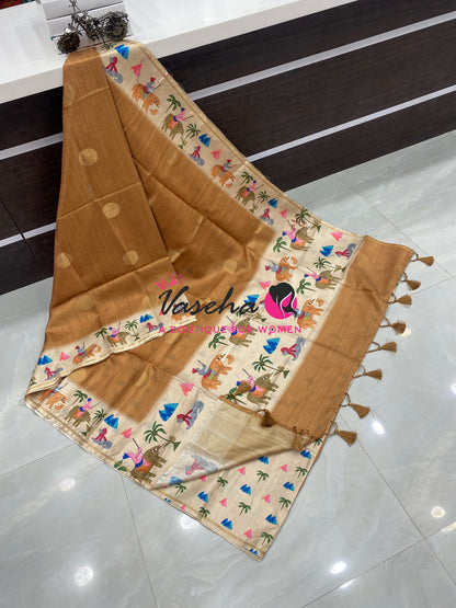 Semi Matka Tussar Saree - Pichwai Design - VVSMT003