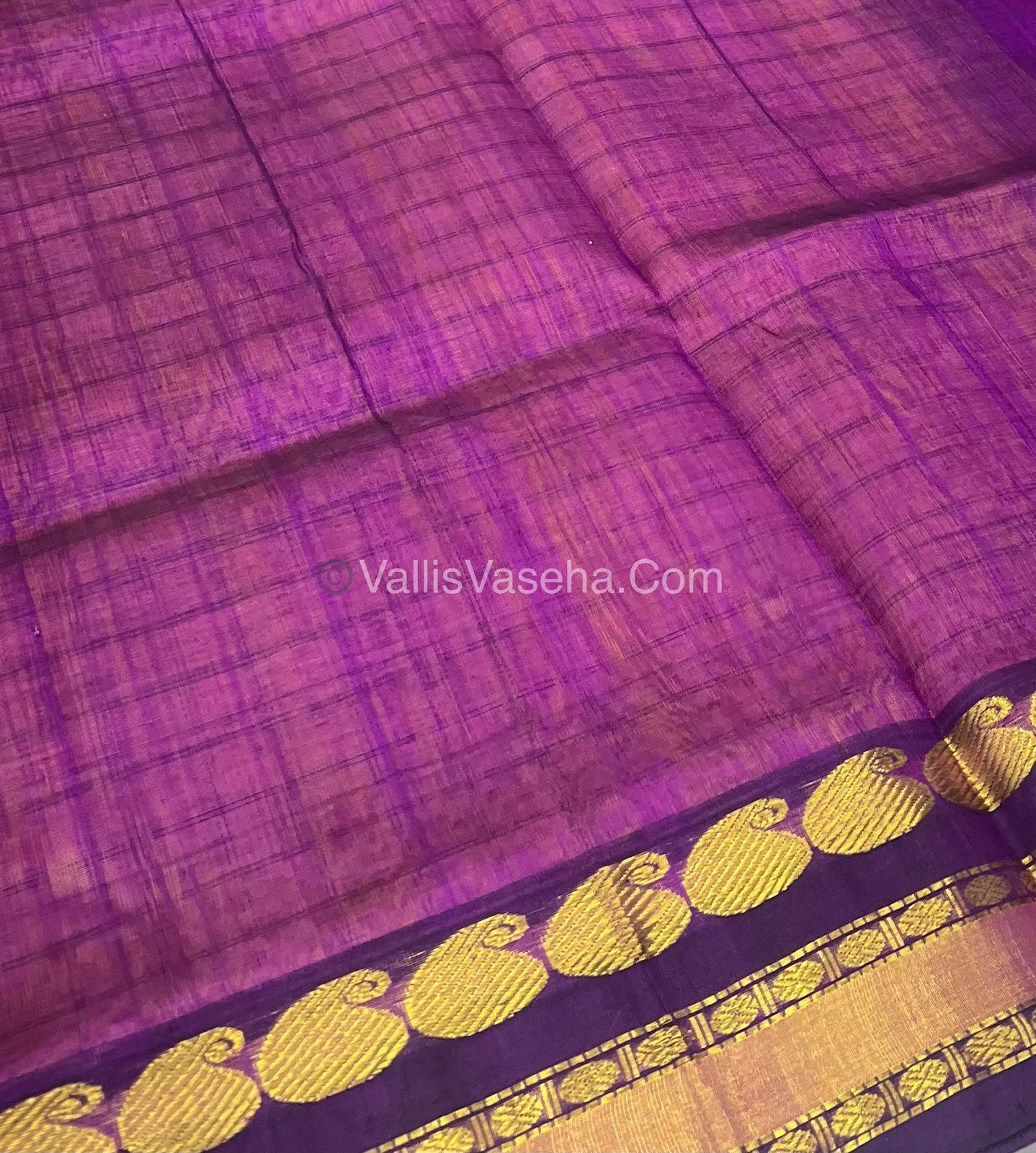 Pure Korvai Silk Cotton - Peach with Purple - Checks Pattern - VVKSC008