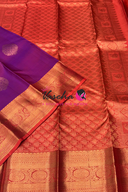 Pure Kanchipuram Silk Saree - Purplish Pink With Orangish Peach - VVPS099