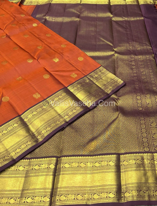 Pure Kanchipuram Silk Saree - Rust Orange & Dark Wine Purplish Brown Combo - VVPS011